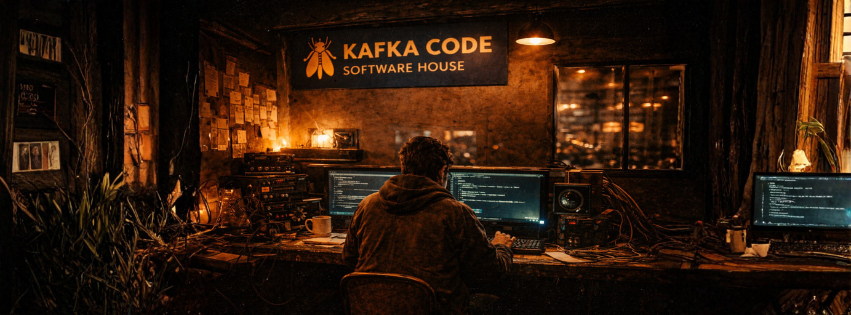 Ambiente escuro da Kafka Code com uma pessoa programando diante de monitores e a placa Software House ao fundo